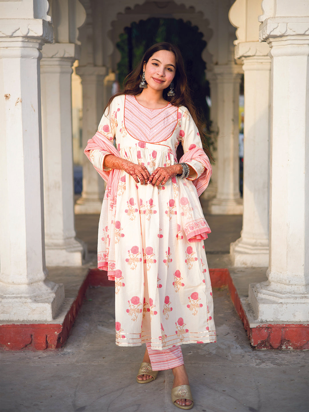 White and Pink Floral Print Cotton Anarkali Kurta With Pants And Dupatta