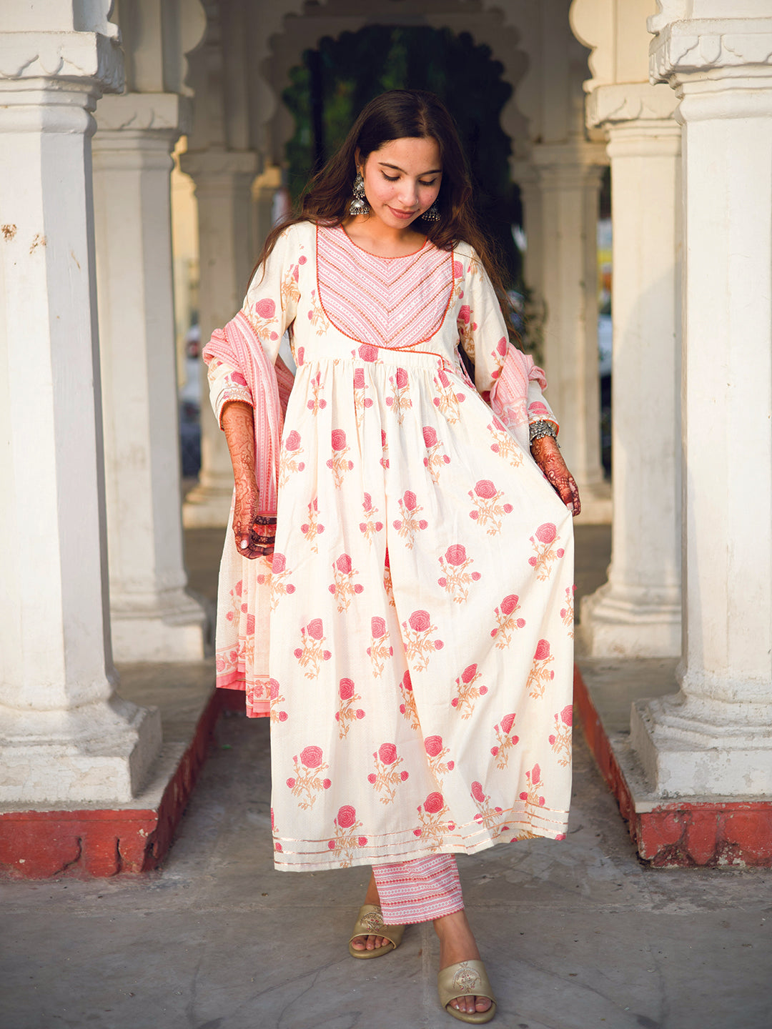 White and Pink Floral Print Cotton Anarkali Kurta With Pants And Dupatta