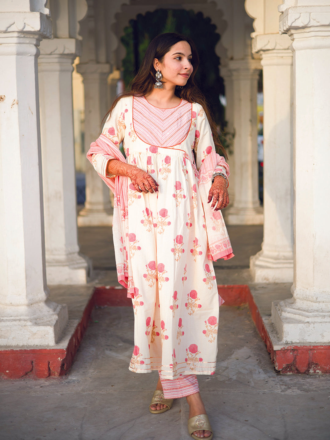 White and Pink Floral Print Cotton Anarkali Kurta With Pants And Dupatta