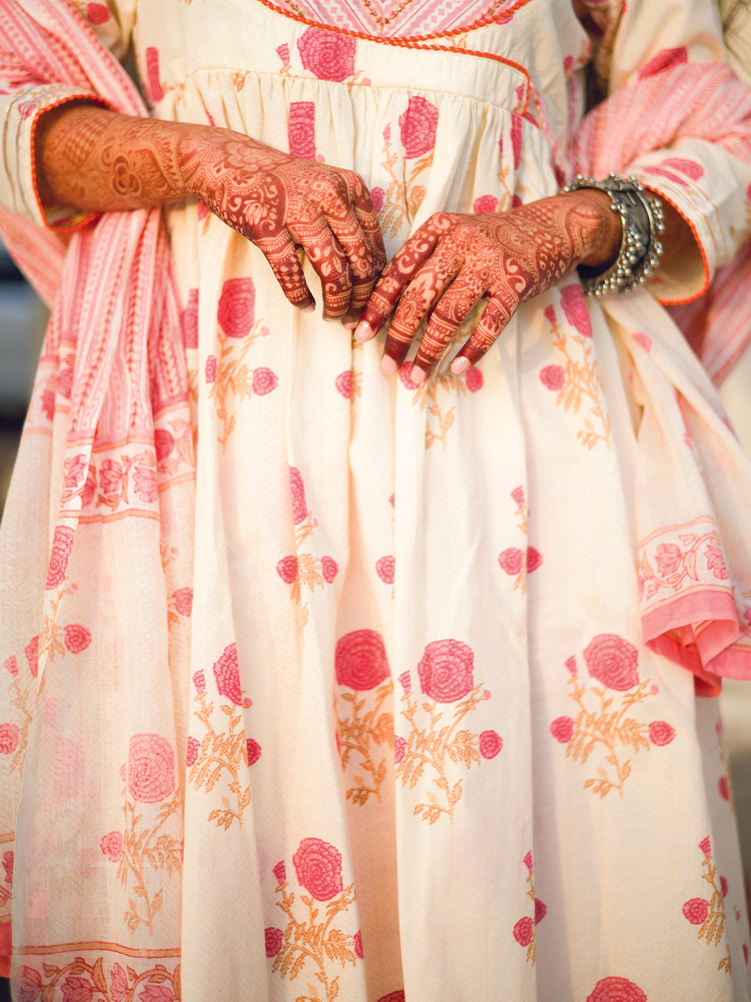 White and Pink Floral Print Cotton Anarkali Kurta With Pants And Dupatta