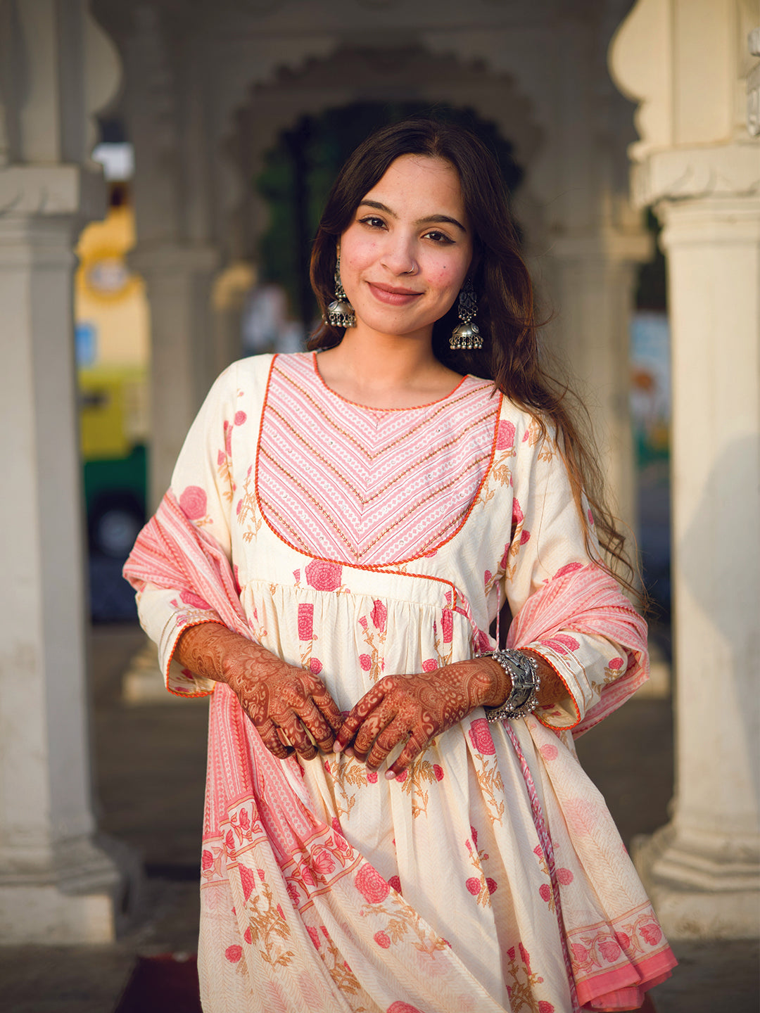 White and Pink Floral Print Cotton Anarkali Kurta With Pants And Dupatta