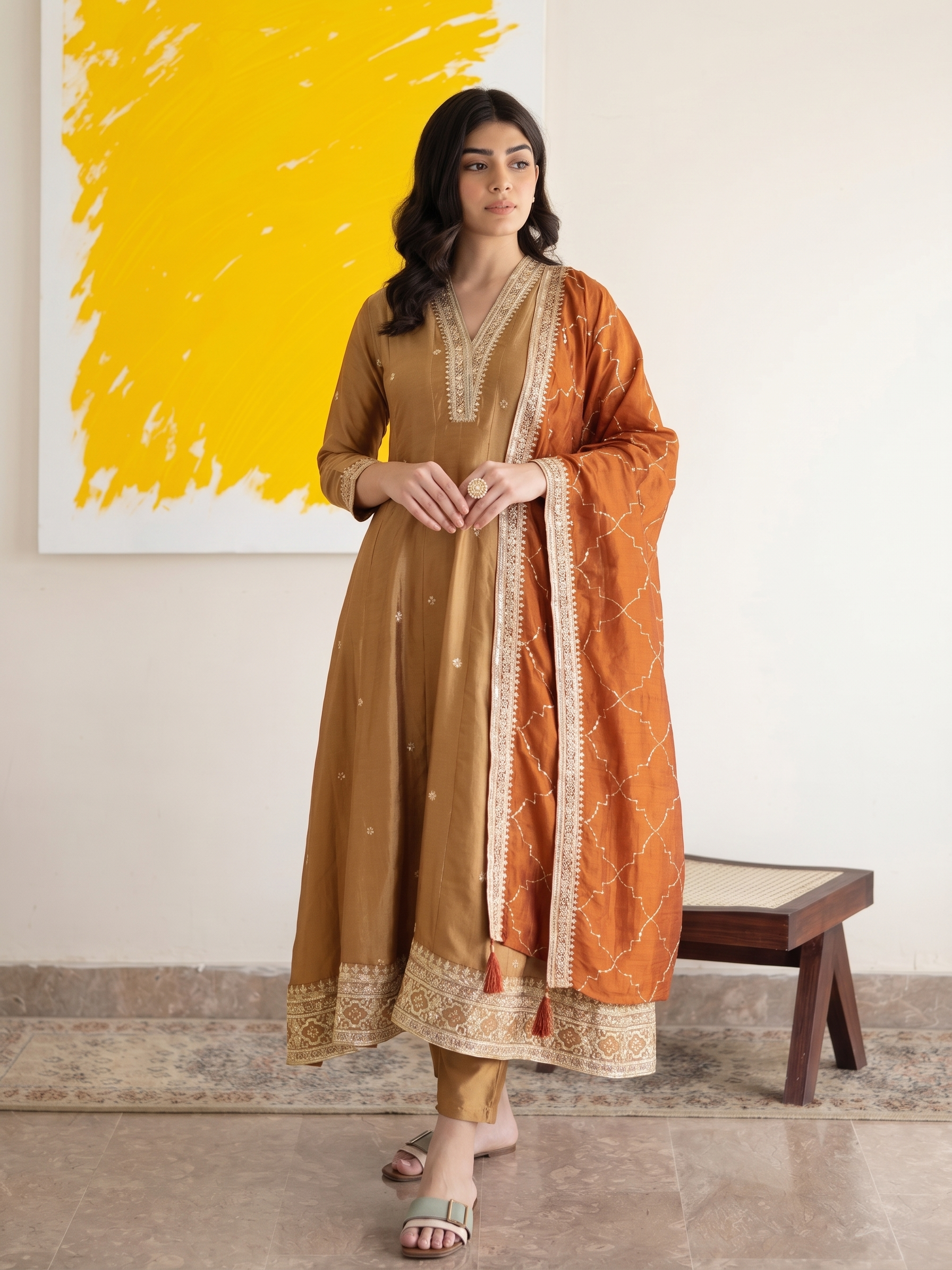 Golden Embroidered Silk Anarkali Suit Set With Dupatta for Women