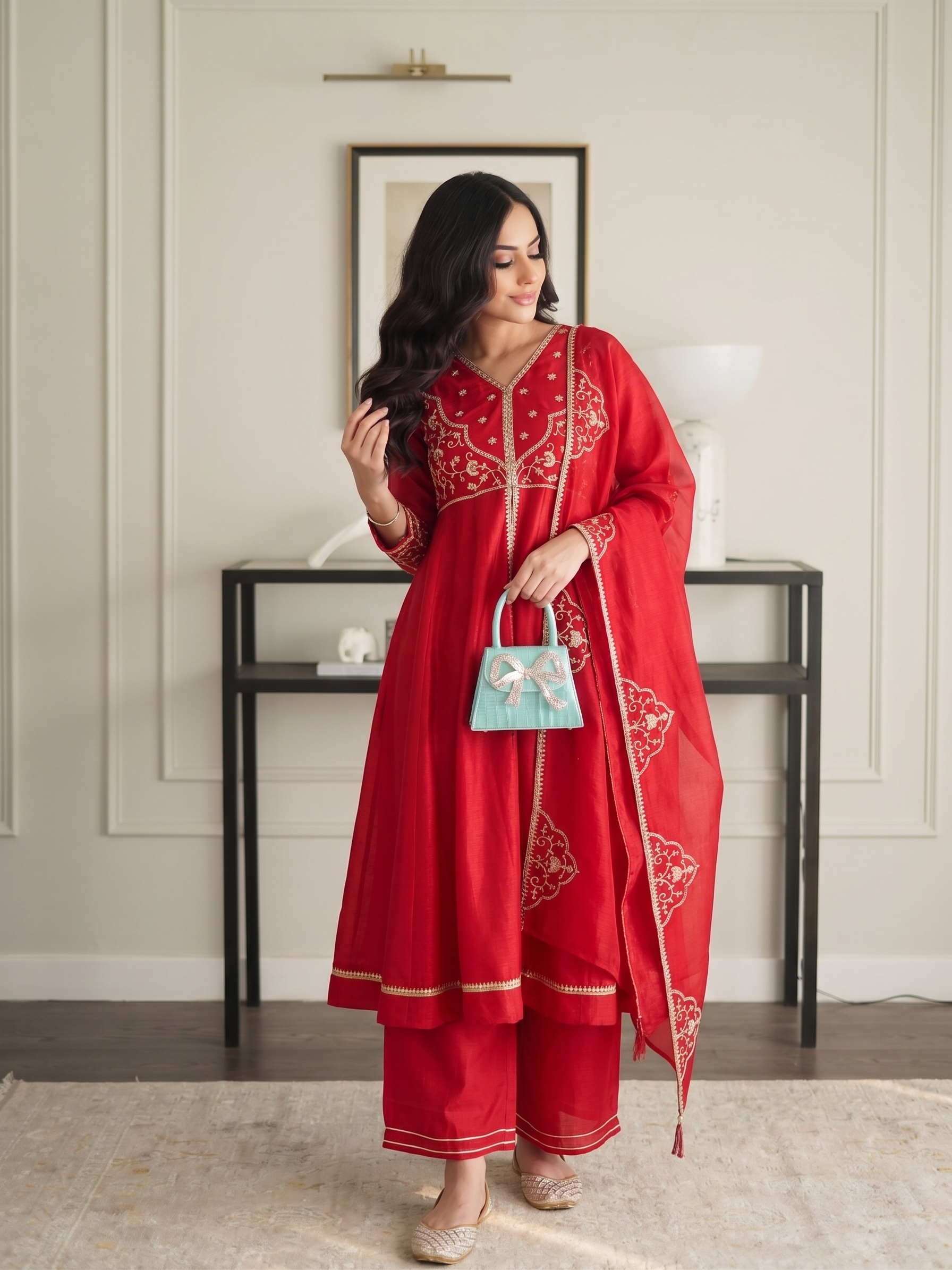 Red Silk Embroidered Anarkali Kurta Set with Dupatta for Women