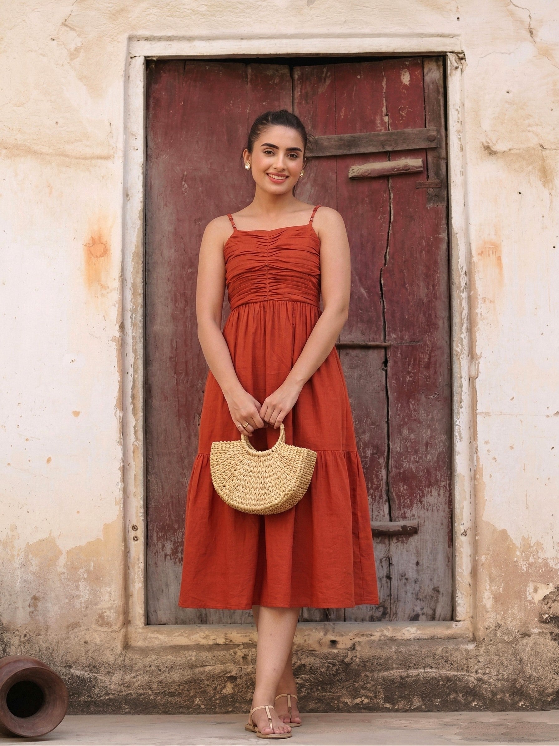 cotton tiered midi dress Rust Cotton Tiered Midi Dress for Women