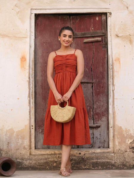 womens rust midi dress Rust Cotton Tiered Midi Dress for Women