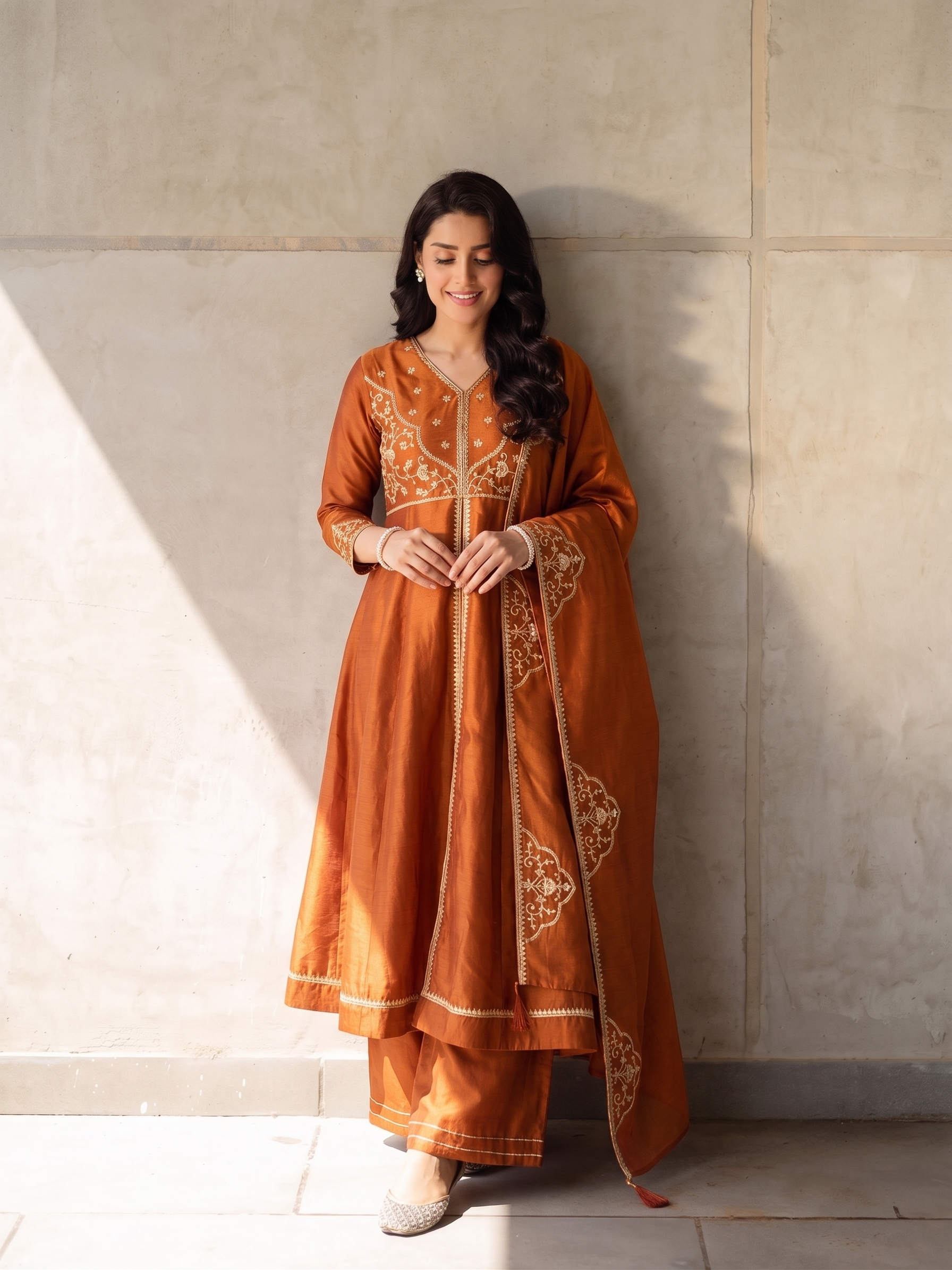 Women’s Rust Embroidered Silk Anarkali Suit with Dupatta