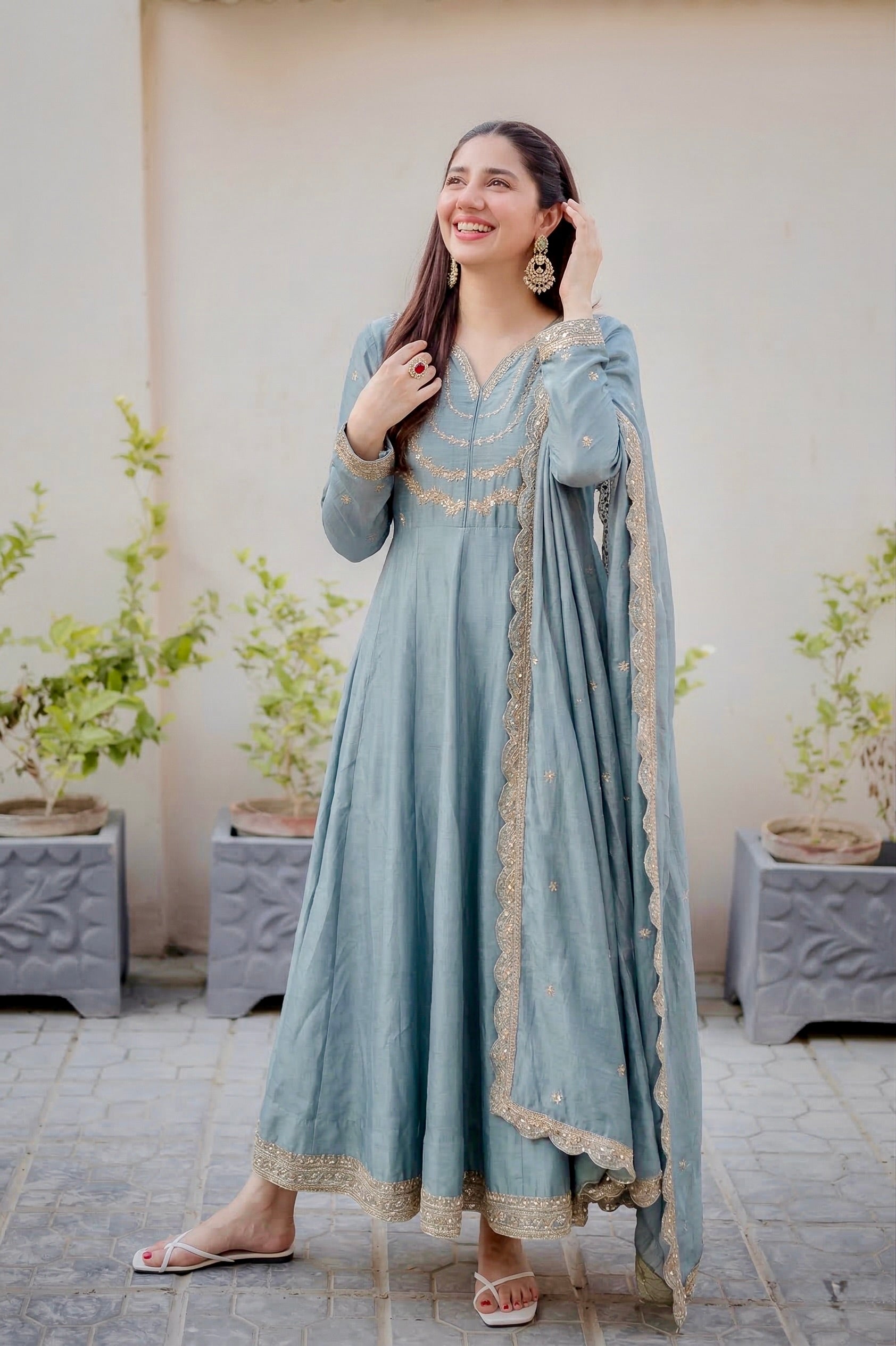 Buy Sky Blue Silk Blend Embroidered Anarkali Kurta With Dupatta