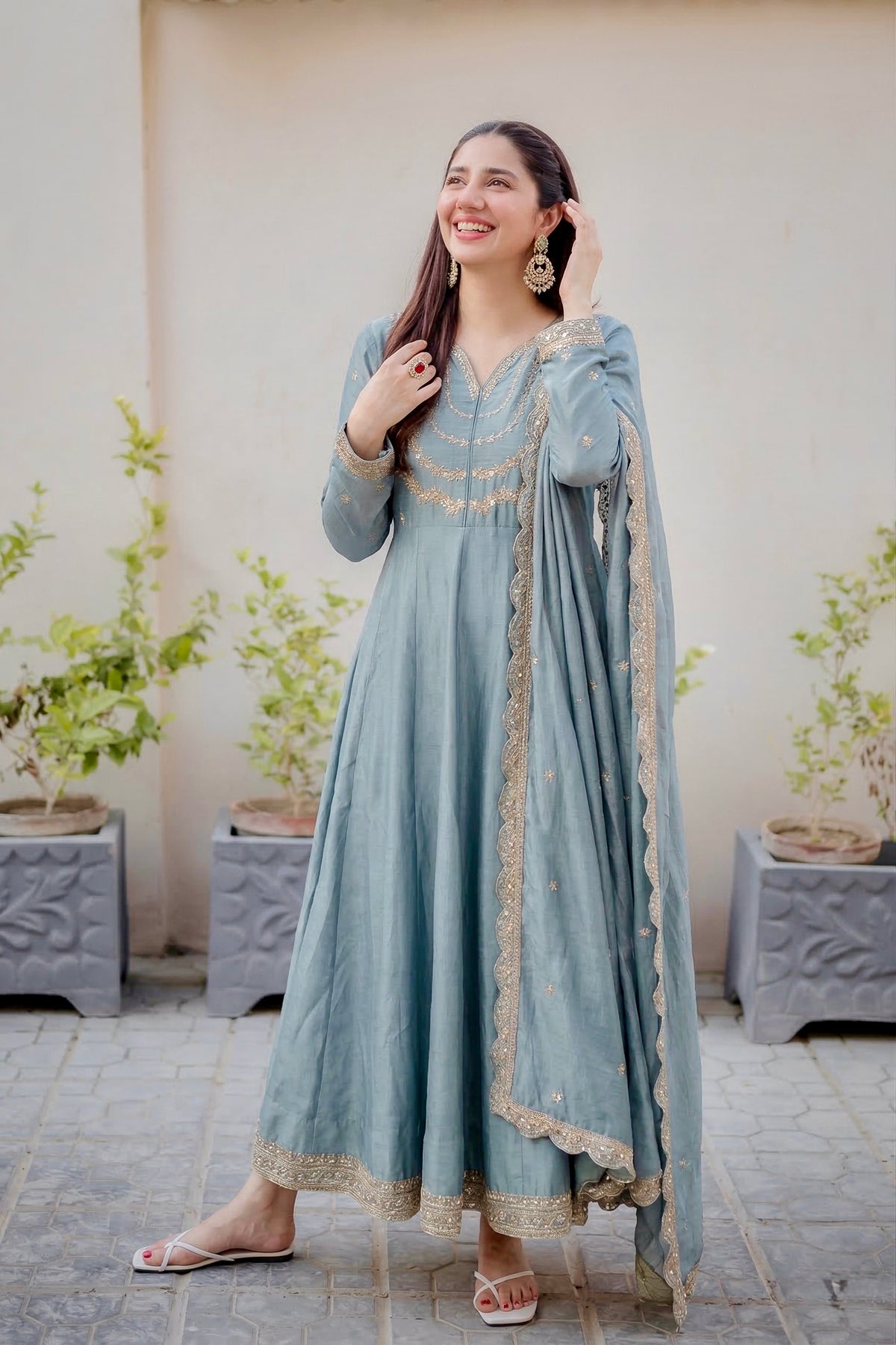 Buy Sky Blue Silk Blend Embroidered Anarkali Kurta With Dupatta