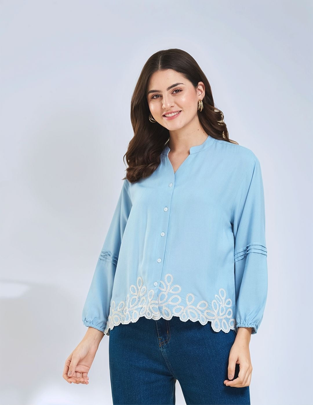 Light Blue Embroidered Full Sleeves Regular Rayon Shirt