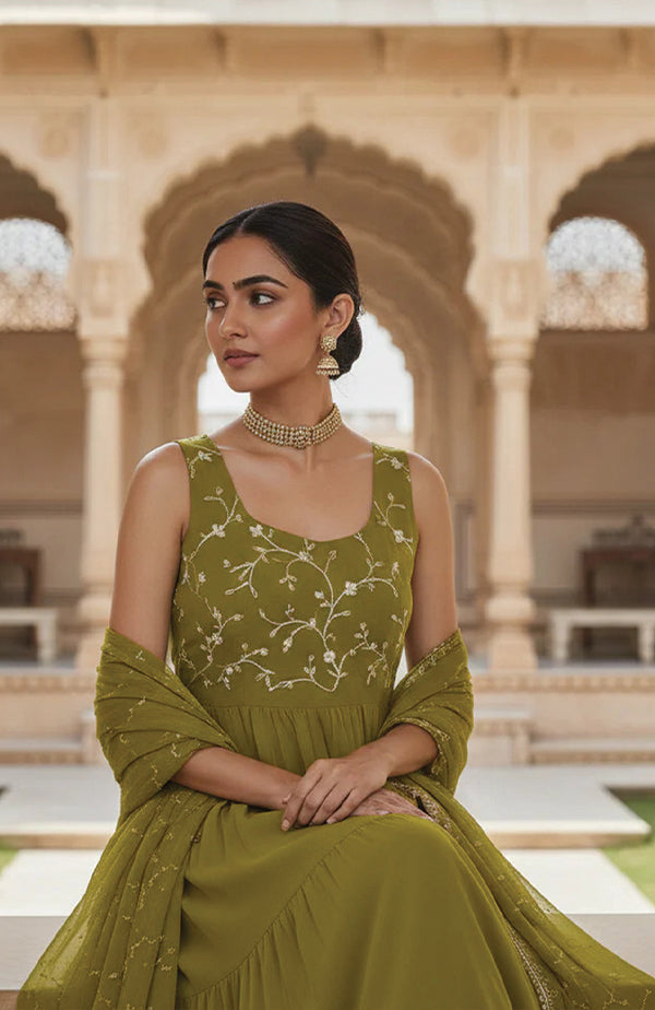 Green Embroidered Tiered Anarkali Kurta with Dupatta set
