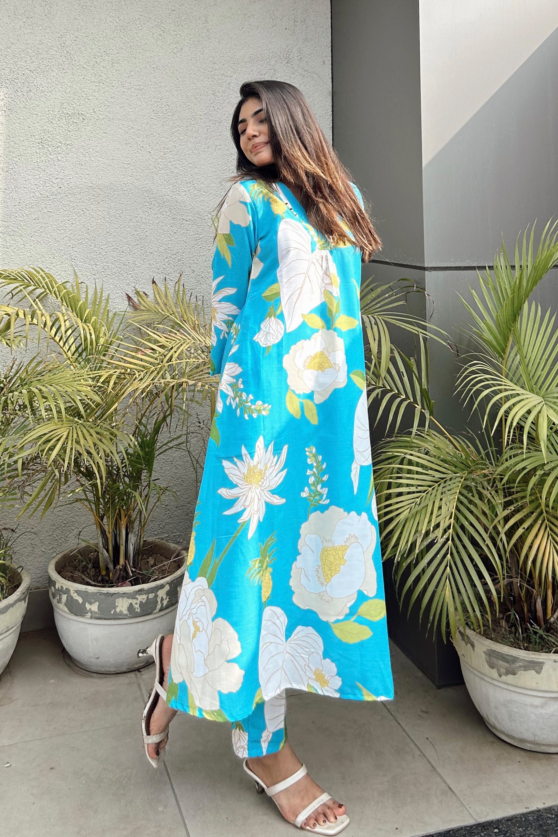 Sky Blue Printed Cotton Ethnic Co-Ords