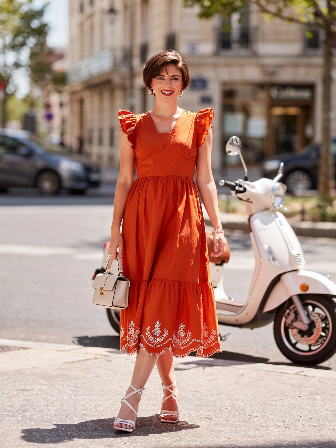 Women Self Pattern Orange Cotton Summer Dress