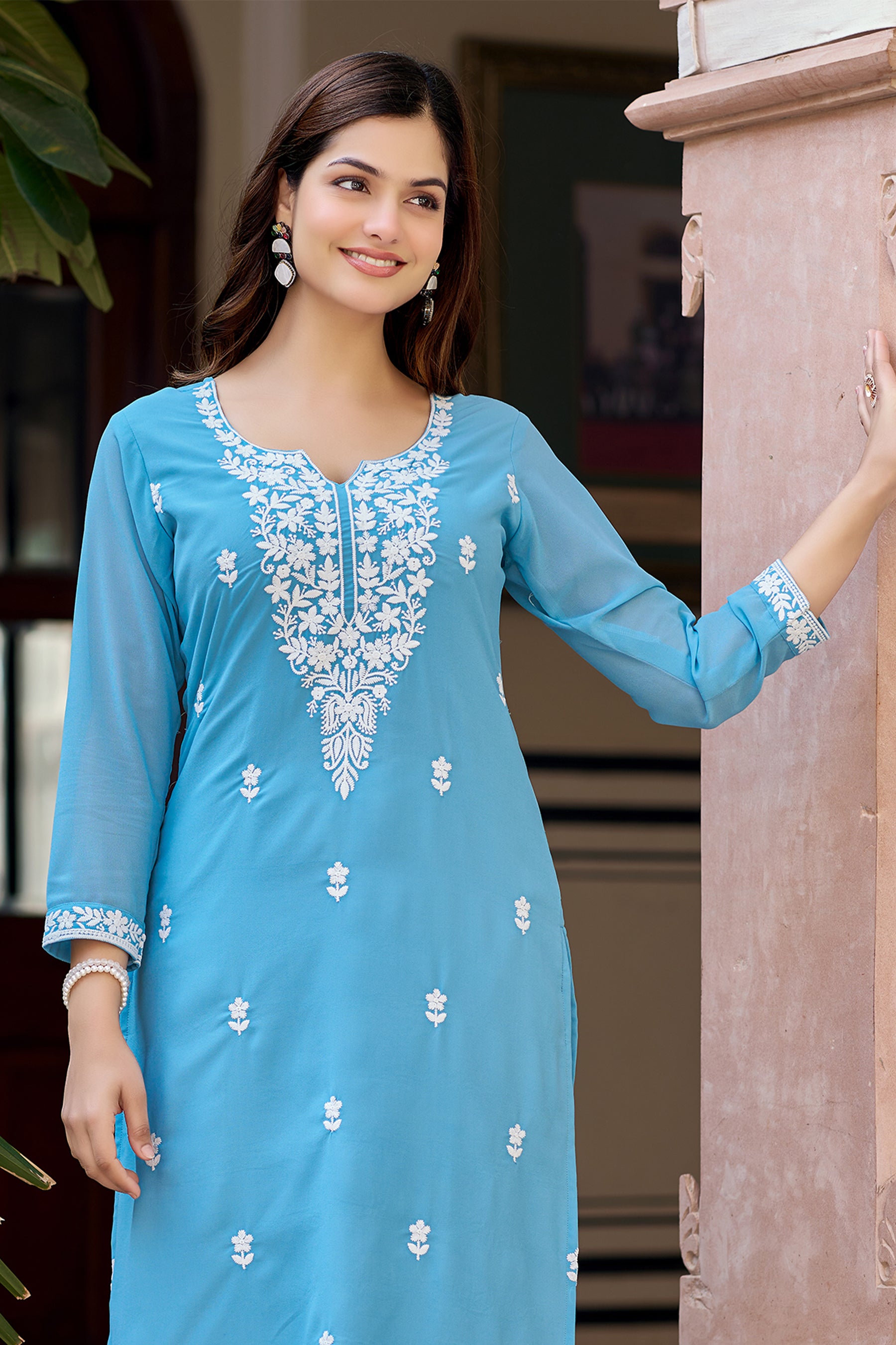 Aqua Blue Solid Embroidered Georgette Straight Kurta Set