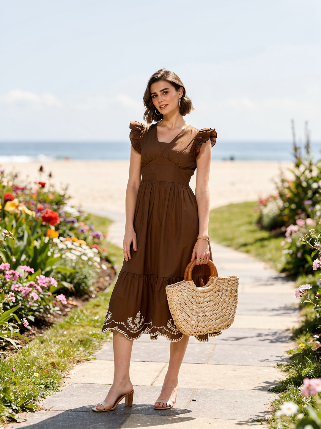 Coffee Cotton Casual Midi Dress for Women