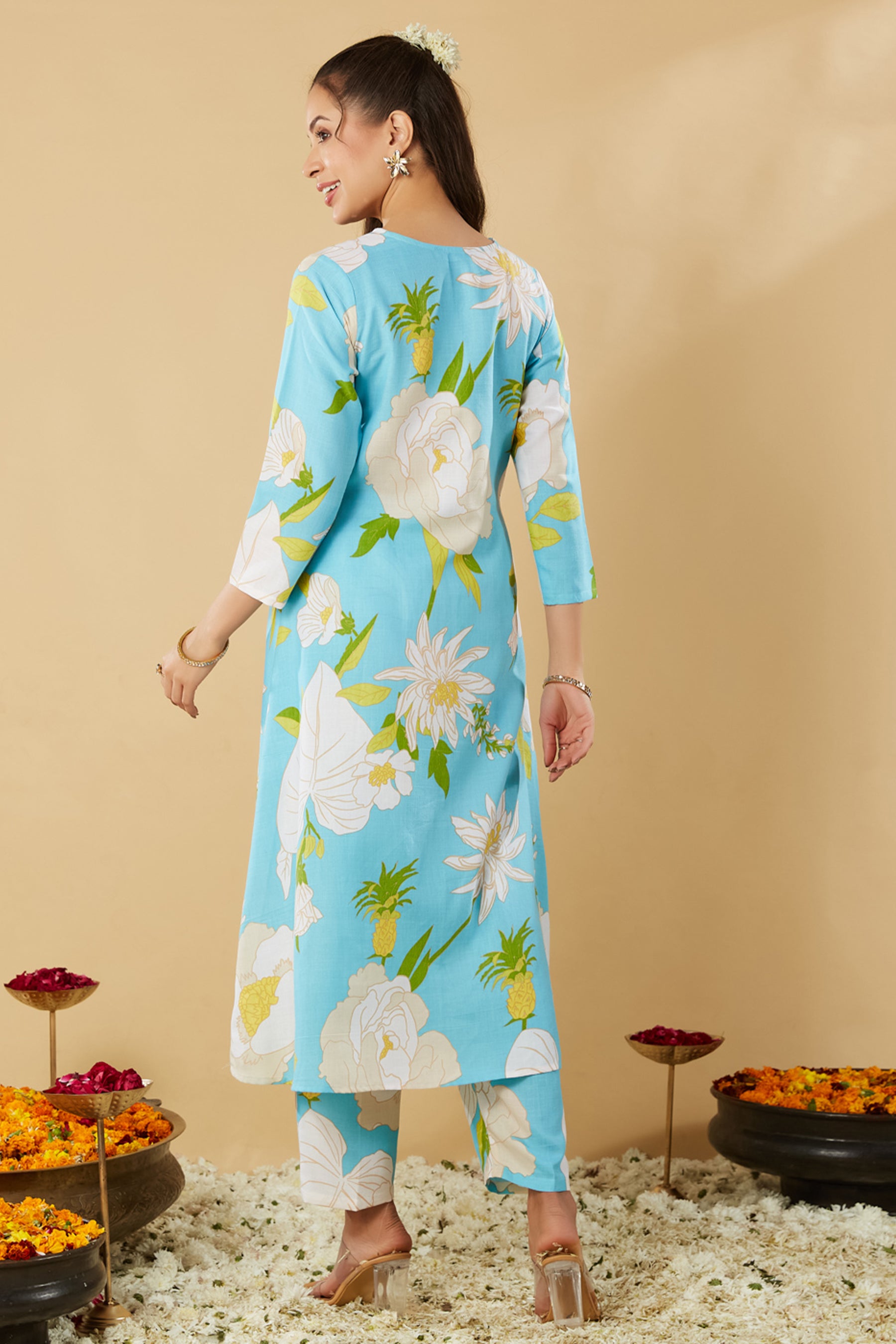 Sky Blue Printed Cotton Ethnic Co-Ords