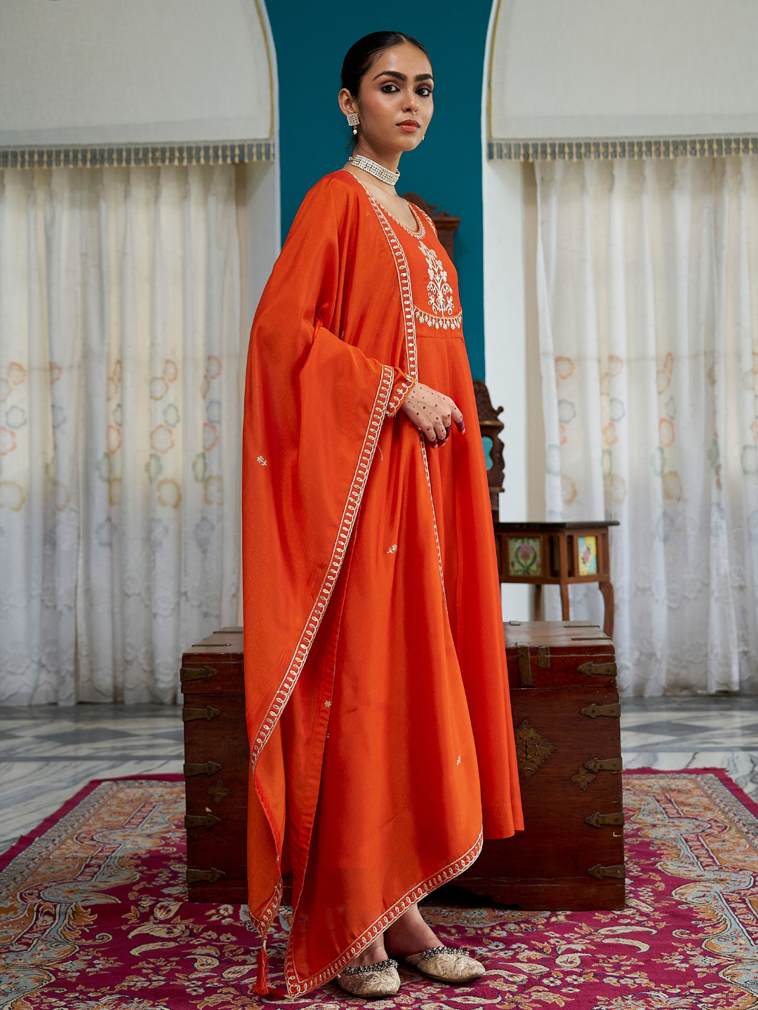 Orange Embroidered Silk Anarkali Kurta With Dupatta Set