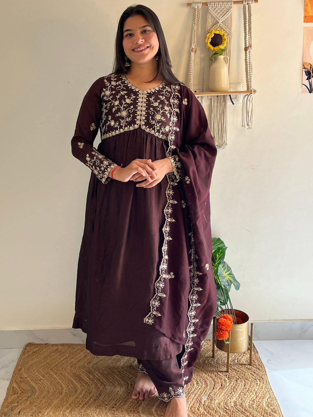 Coffee Embroidered Silk Blend Anarkali Kurta Set with Dupatta