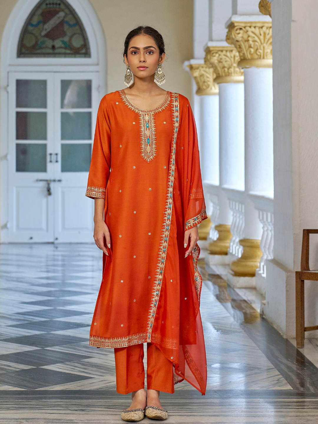 Orange Embroidered chinon kurta with dupatta set