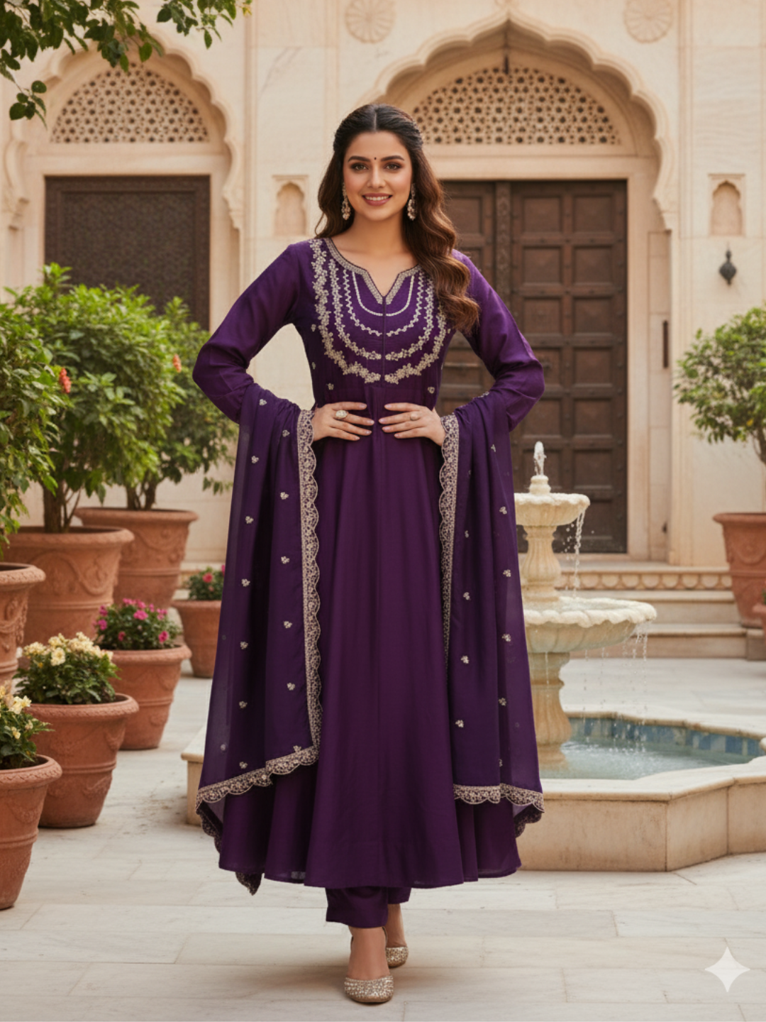 Violet Embroidered Silk Blend Anarkali Kurta With Dupatta Set