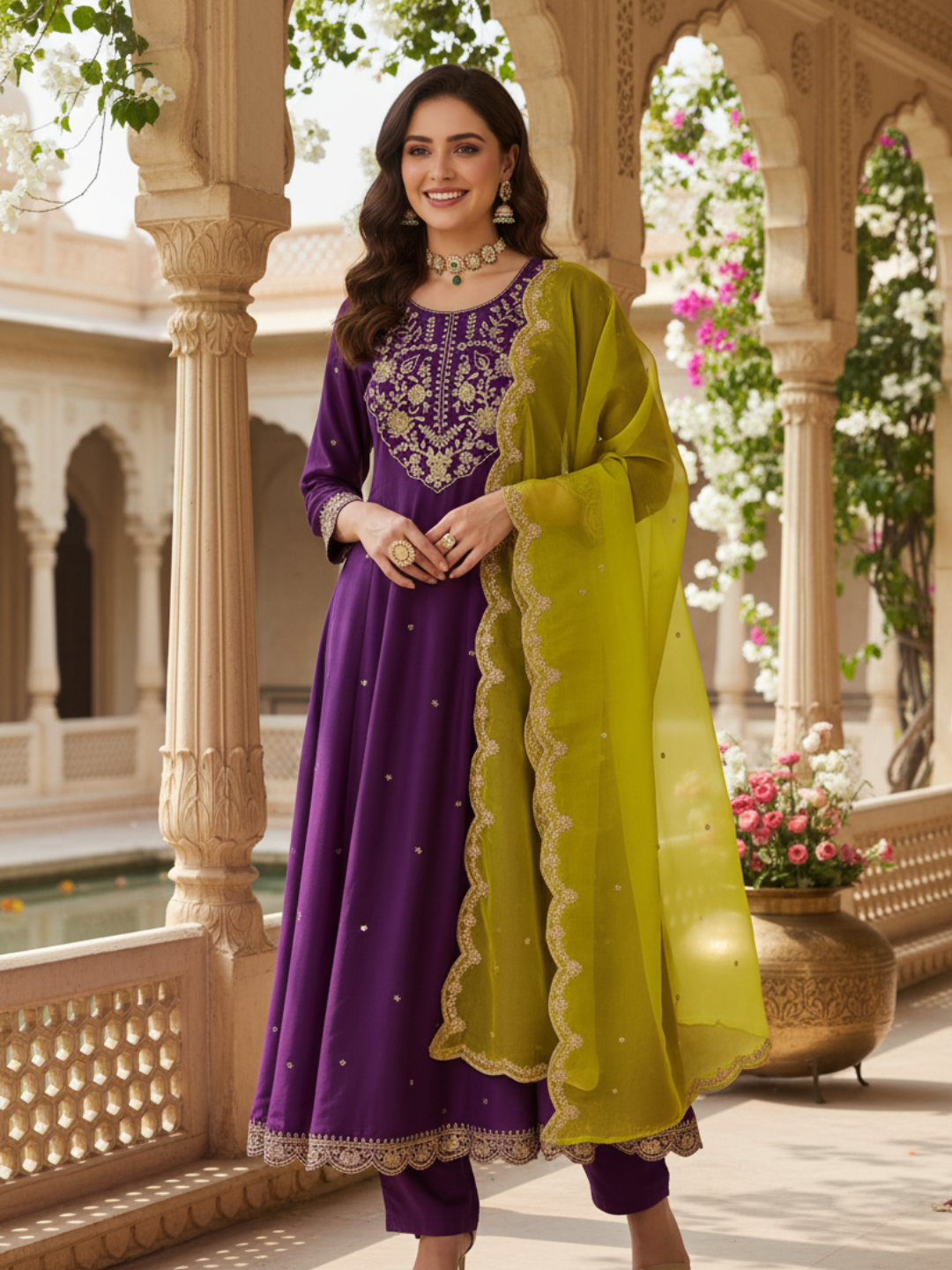 Purple Embroidered Anarkali Kurta With Dupatta Set