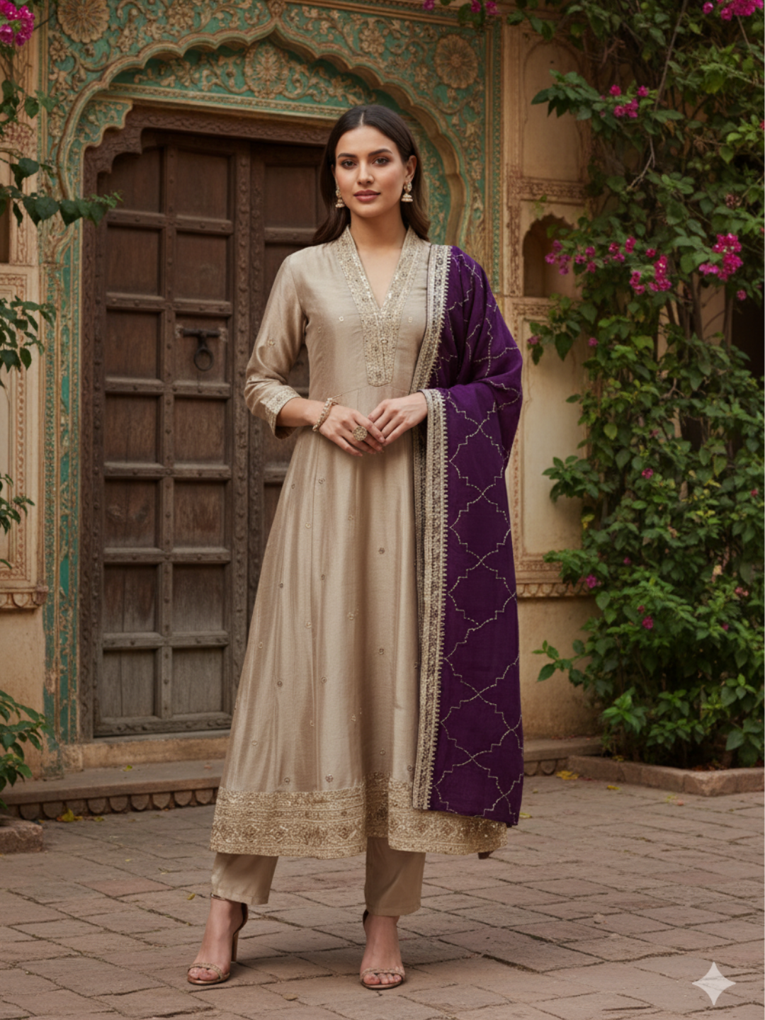 Grey Embroidered Silk Anarkali Kurta With Dupatta Set