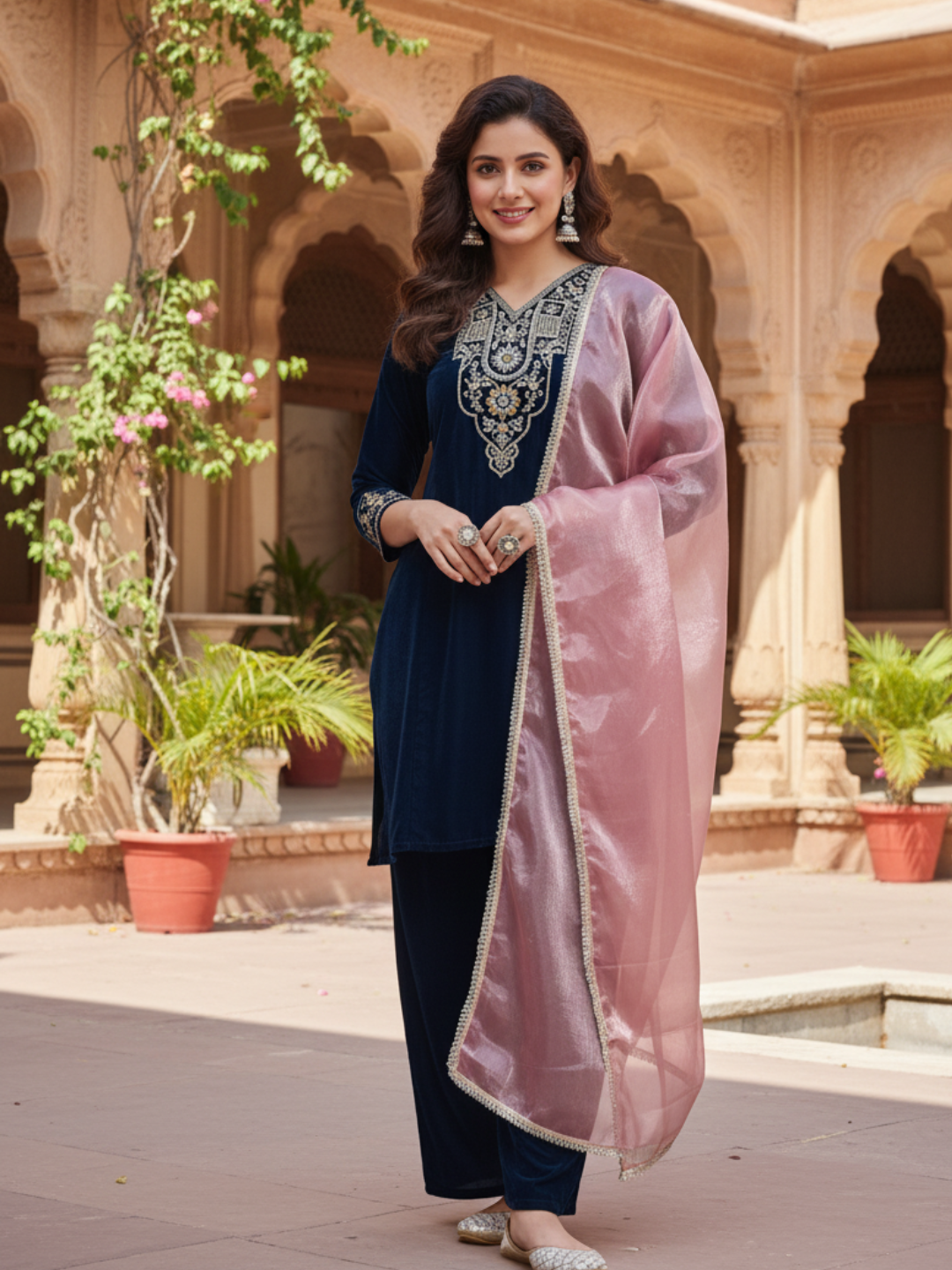 Teal Blue Velvet Embroidered Kurta set with pink Dupatta for women