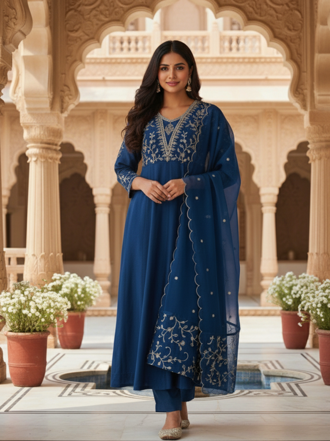 Teal Blue Embroidered Silk Anarkali Kurta With Dupatta Set