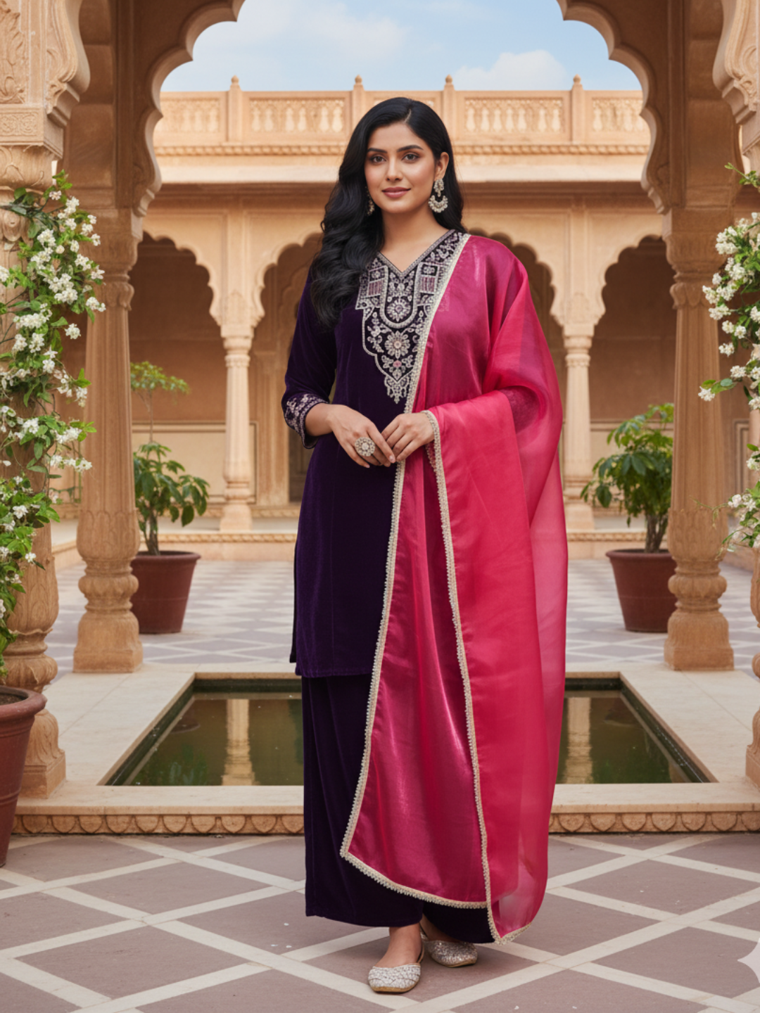 Violet Velvet Embroidered Kurta set with pink Dupatta for women