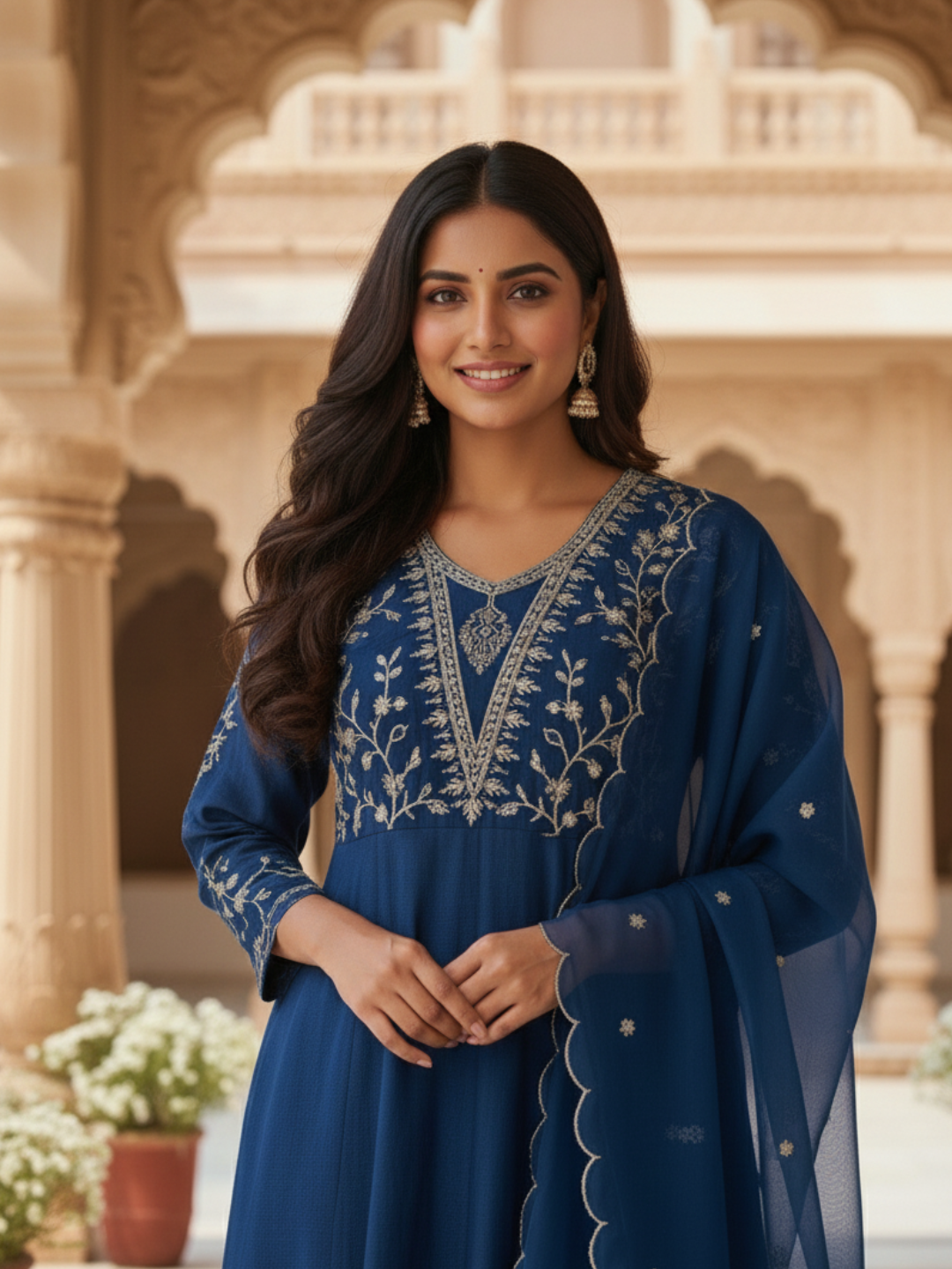Teal Blue Embroidered Silk Anarkali Kurta With Dupatta Set