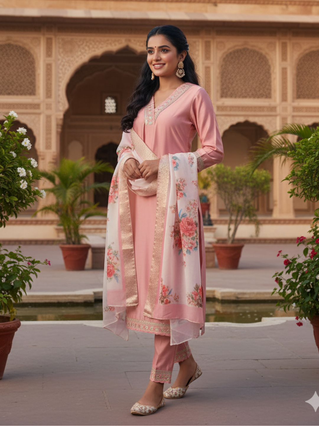 Pink Embroidered Chanderi Viscose Straight Suit With Dupatta