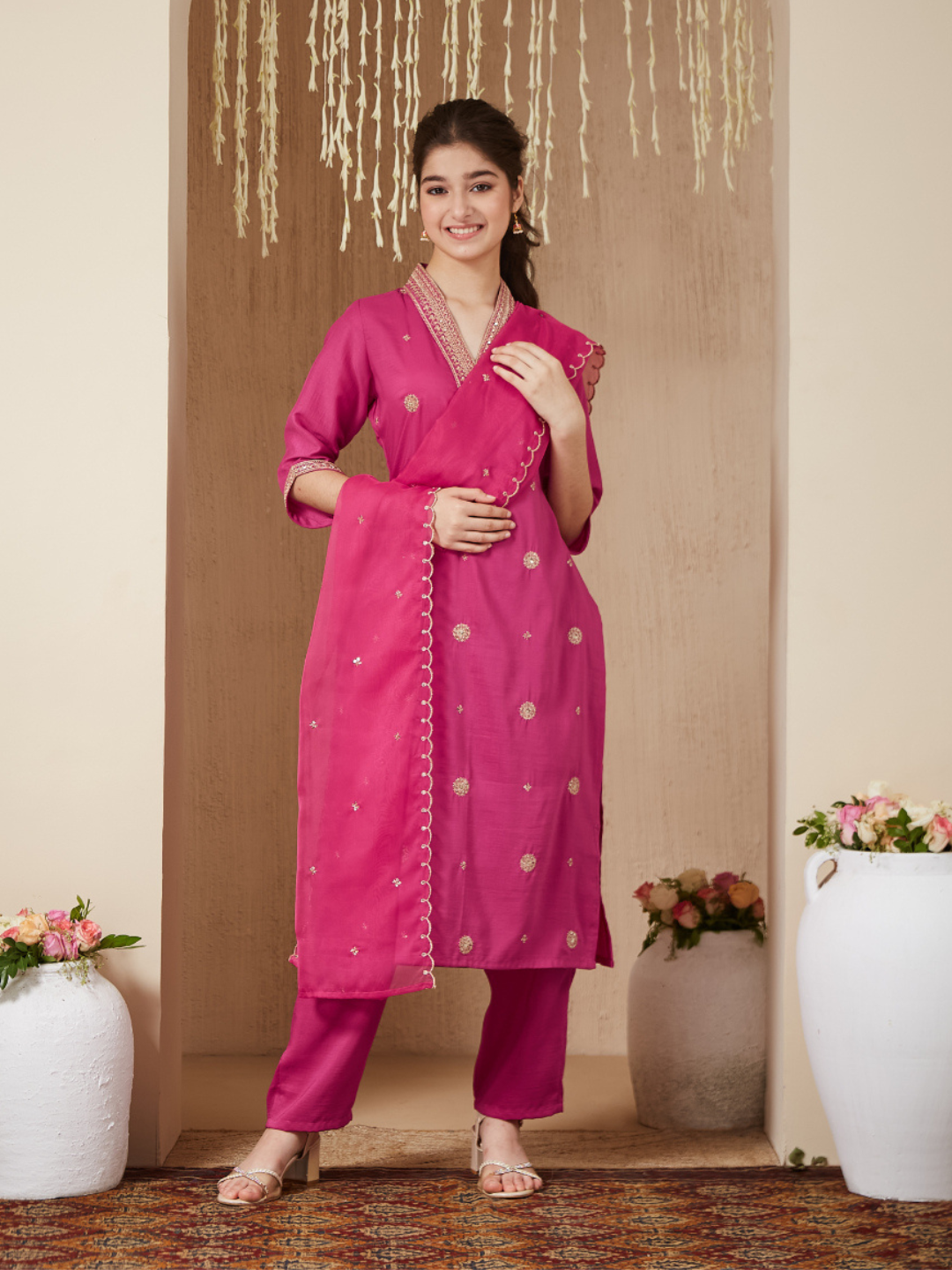 Dark Pink Chinon Embroidered Kurta & Dupatta Set for Girls