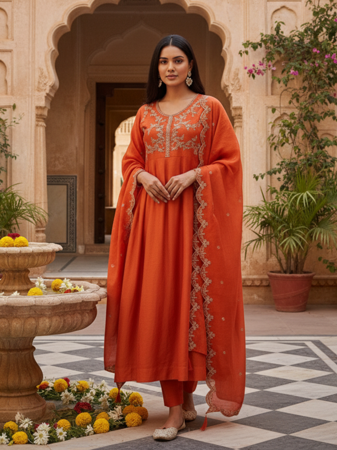 Orange Silk Embroidered Anarkali Kurta And Dupatta set