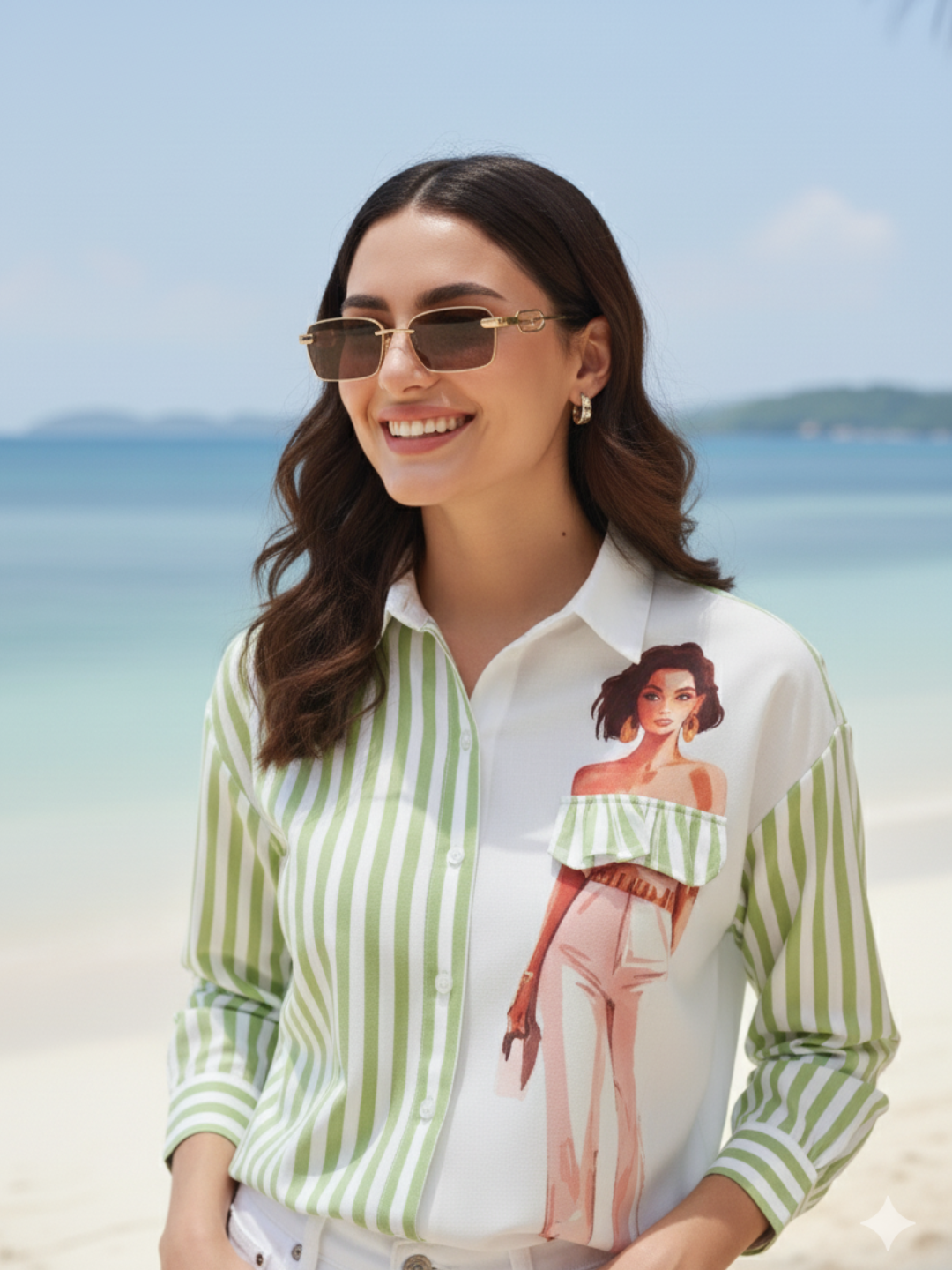 Green Striped & Graphic Print Cotton Shirt for Women