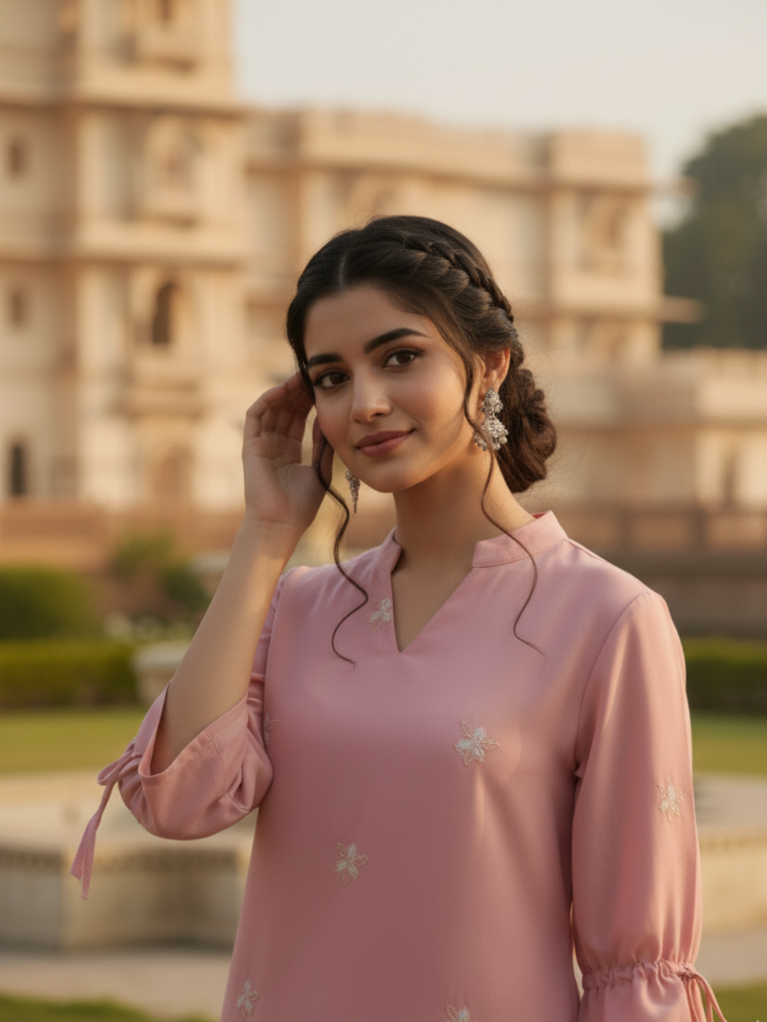 Pink Viscose Blend Embroidered Top & Pant Set for Girls