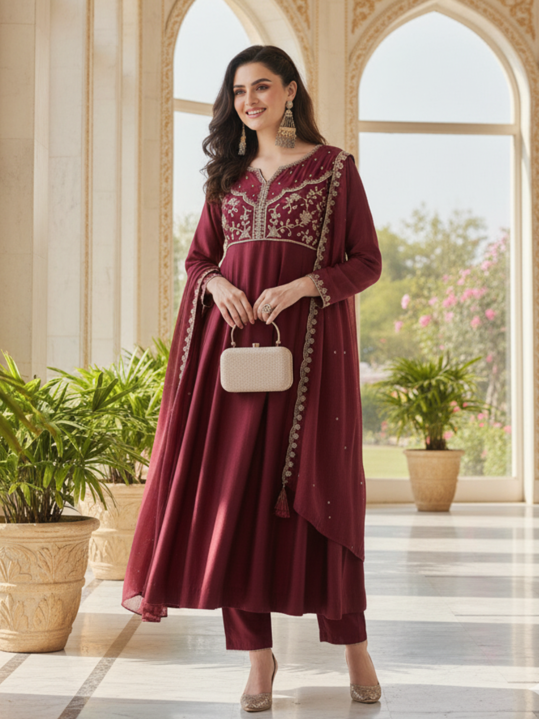 Red Embroidered Silk Anarkali kurta with Dupatta Set