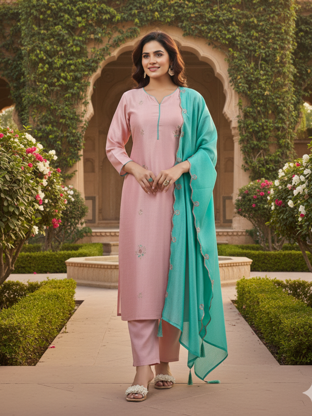 Rose Pink Embroidered Chinon Kurta with Dupatta Set