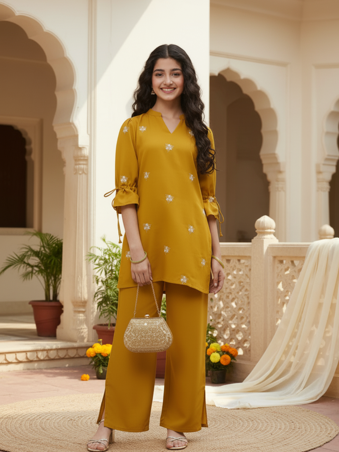 Yellow Viscose Blend Embroidered Top & Pant Set for Girls