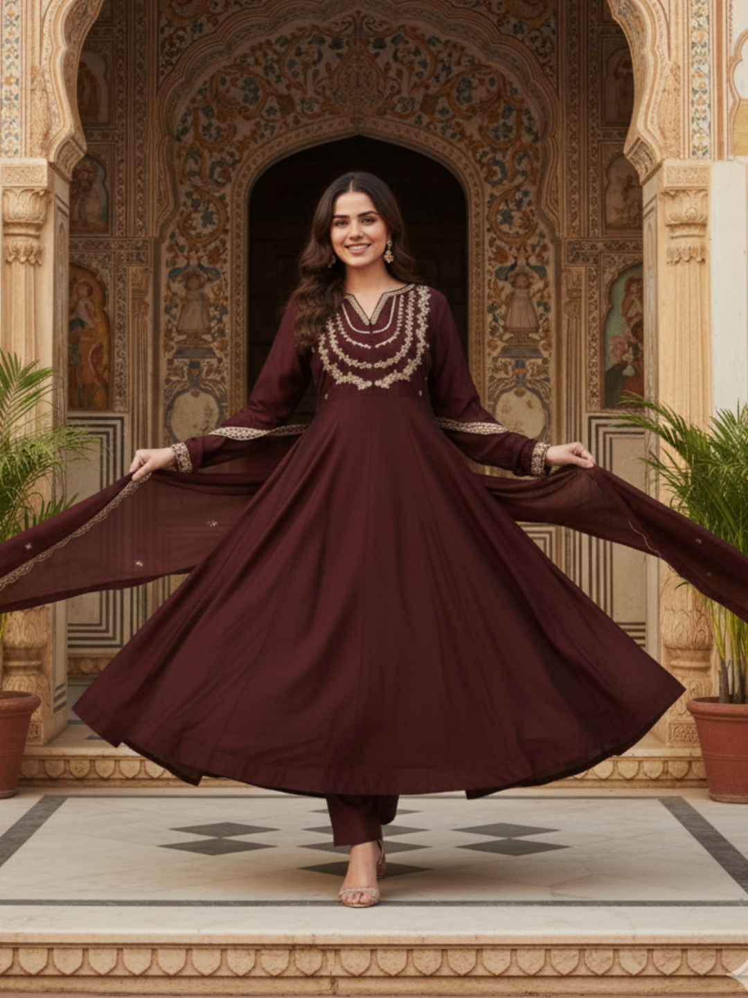 Brown Embroidered Silk Blend Anarkali Kurta With Dupatta Set
