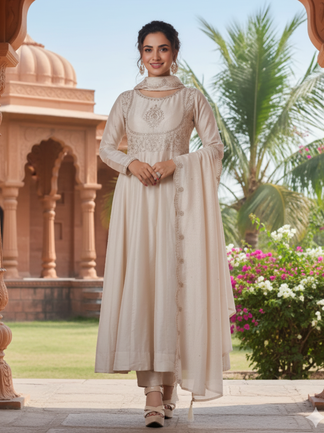 Cream Embroidered Silk Blend Anarkali Kurta With Dupatta Set