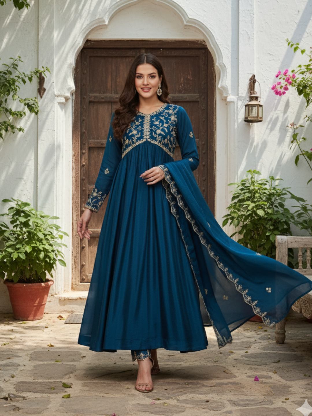 Teal Blue Embroidered Silk Blend Anarkali Kurta Set with Dupatta