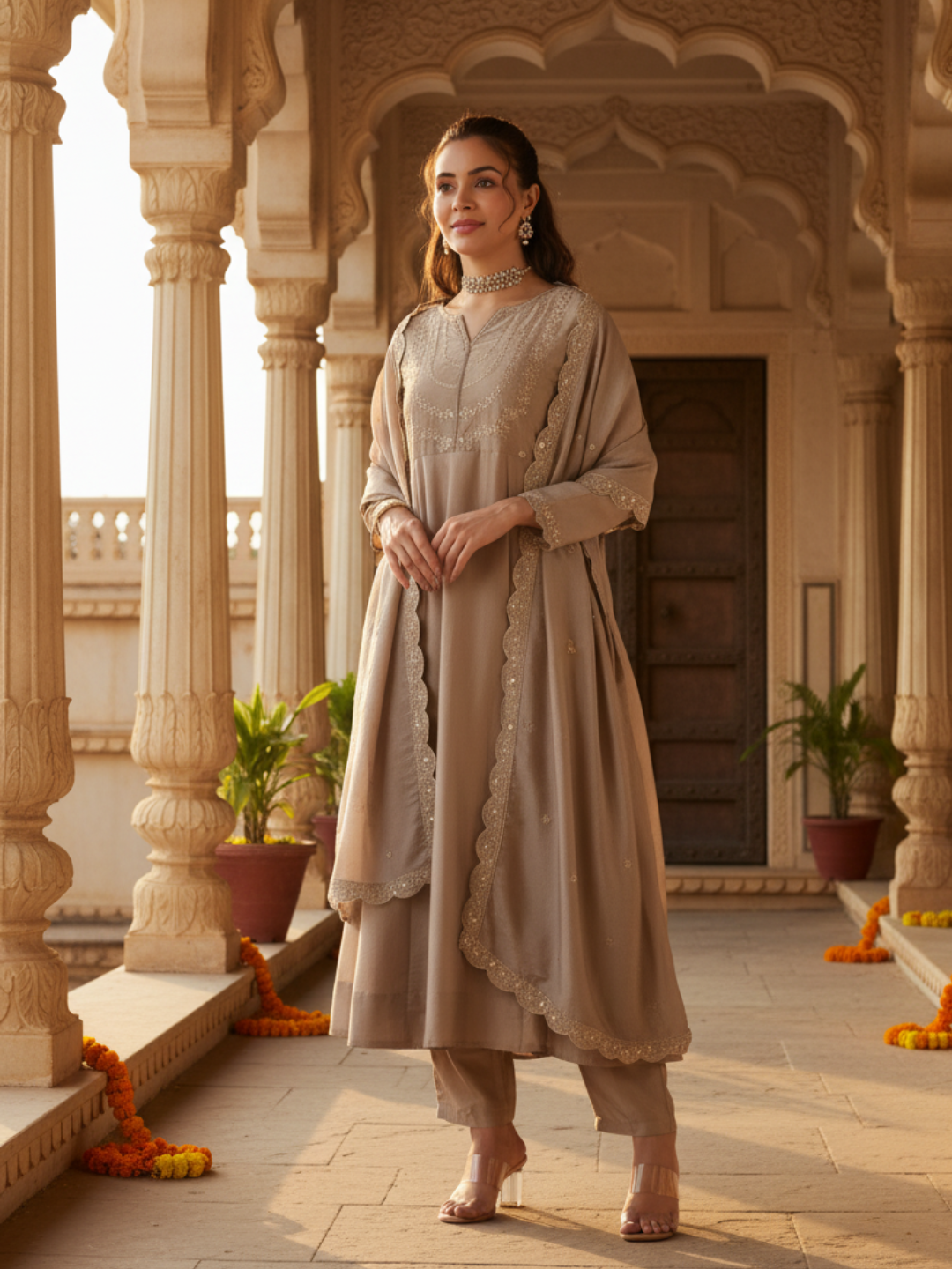 Cream Embroidered Silk Blend Anarkali Kurta With Dupatta Set