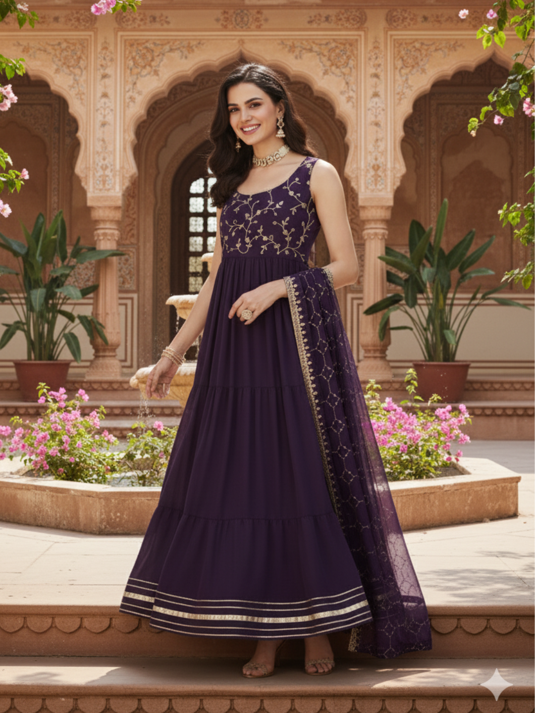 Violet Embroidered Tiered Anarkali Kurta with Dupatta set