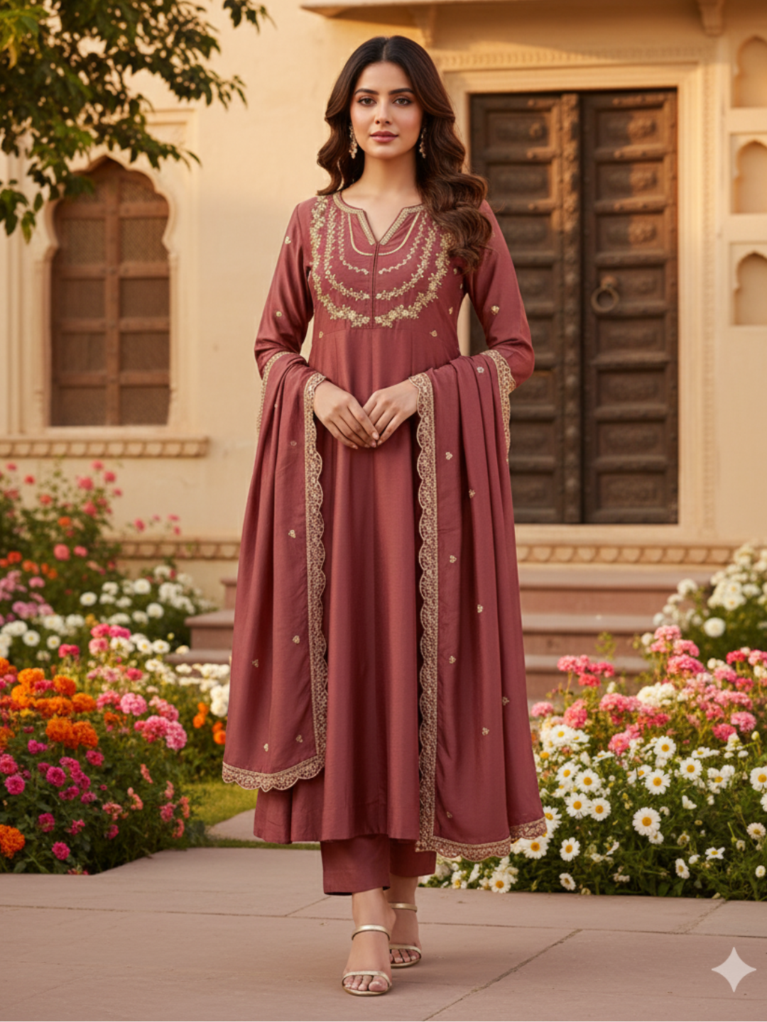 Maroon Embroidered Silk Blend Anarkali Kurta With Dupatta Set