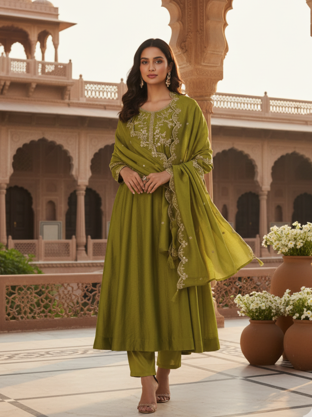 Green Silk Embroidered Anarkali Kurta And Dupatta set