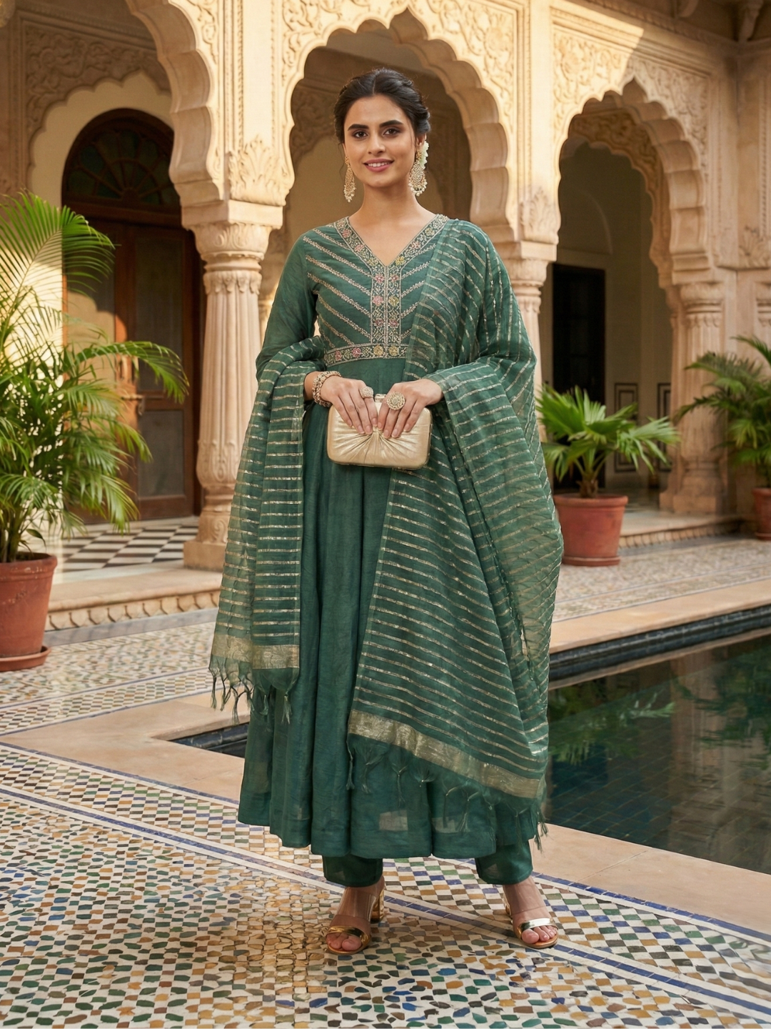 Bottle Green Silk Embroidered Anarkali kurta with dupatta set