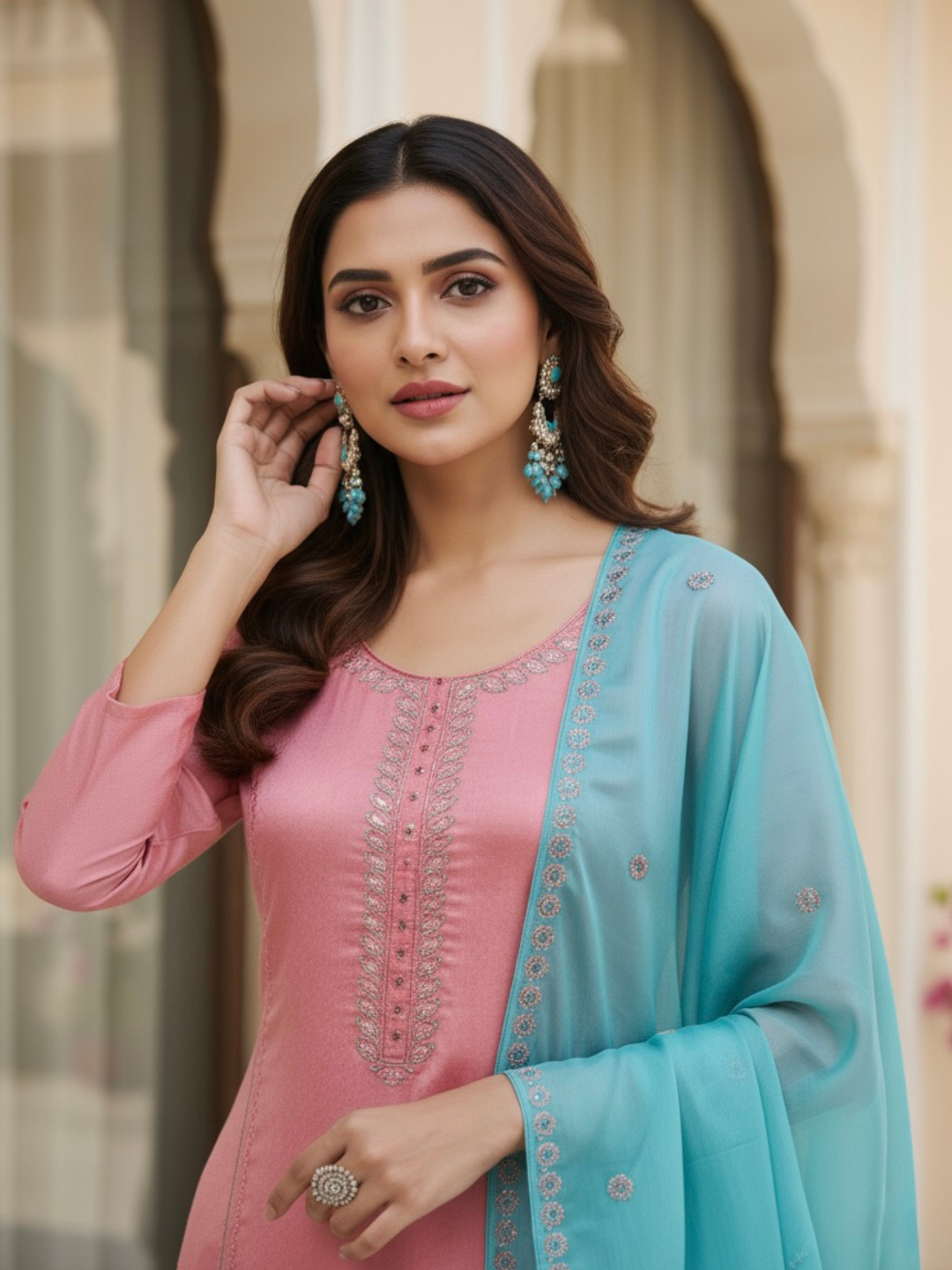 Peach Embroidered Silk Kurta with Dupatta Set