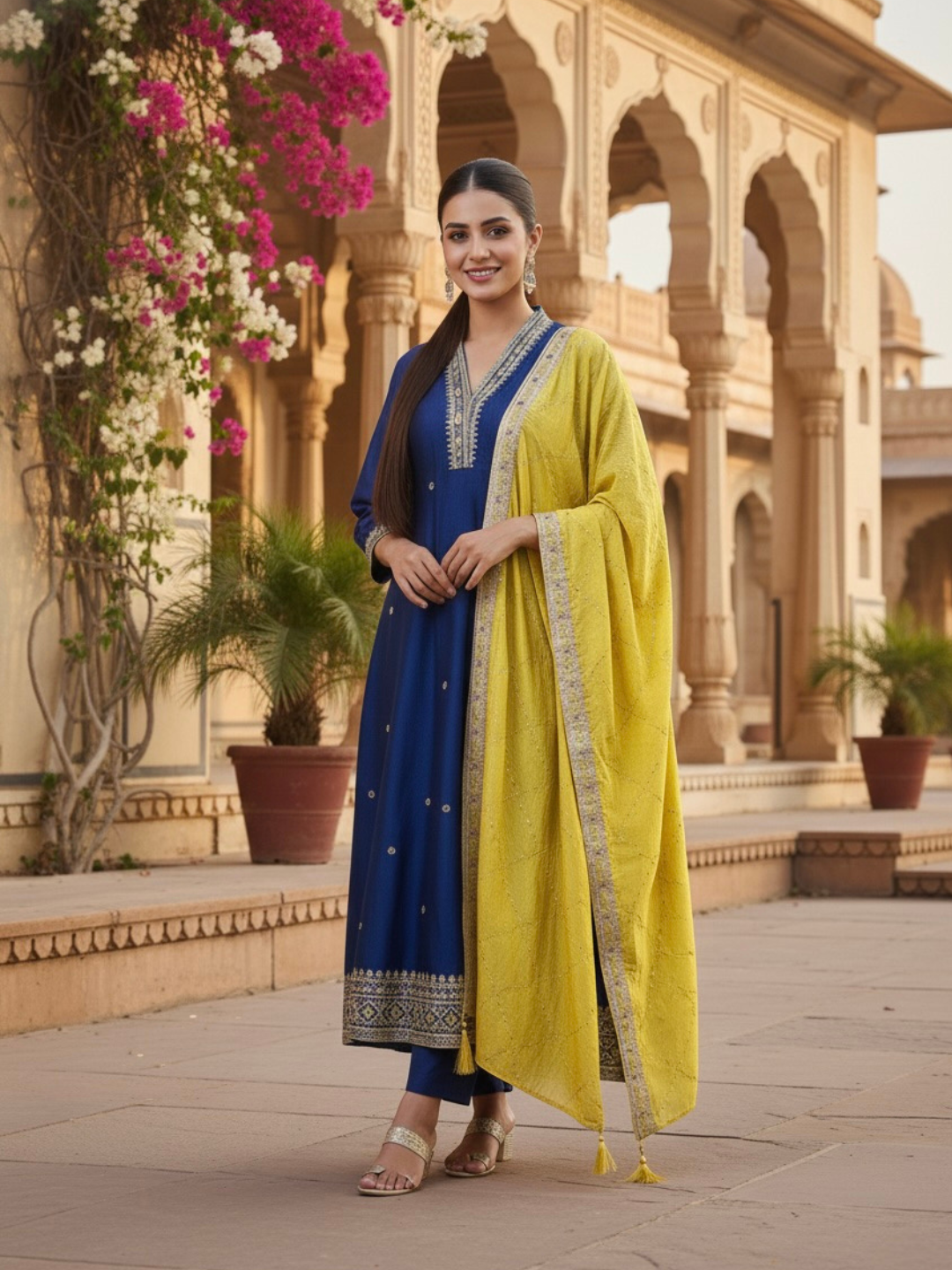 Teal Blue Embroidered Silk Anarkali Kurta With Dupatta Set