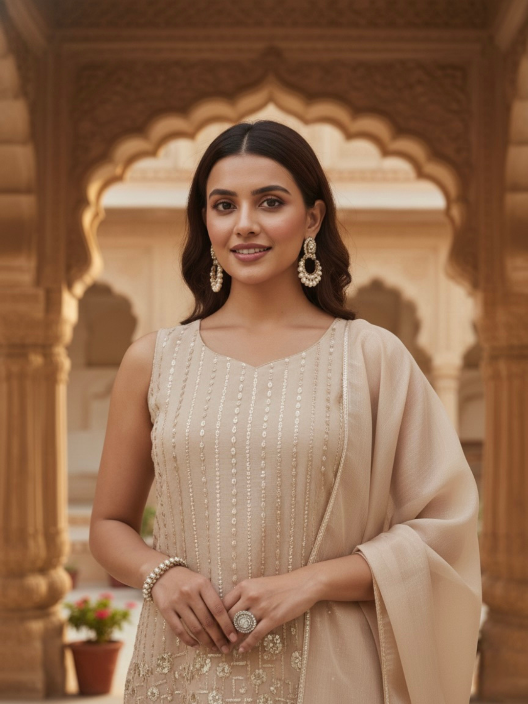 Beige Silk Embroidered Straight Suit Set with Dupatta | front face side half image