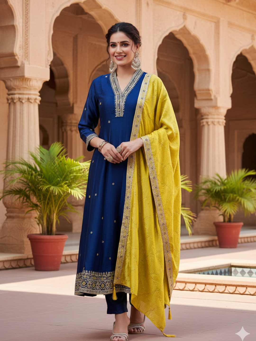 Teal Blue Embroidered Silk Anarkali Kurta With Dupatta Set