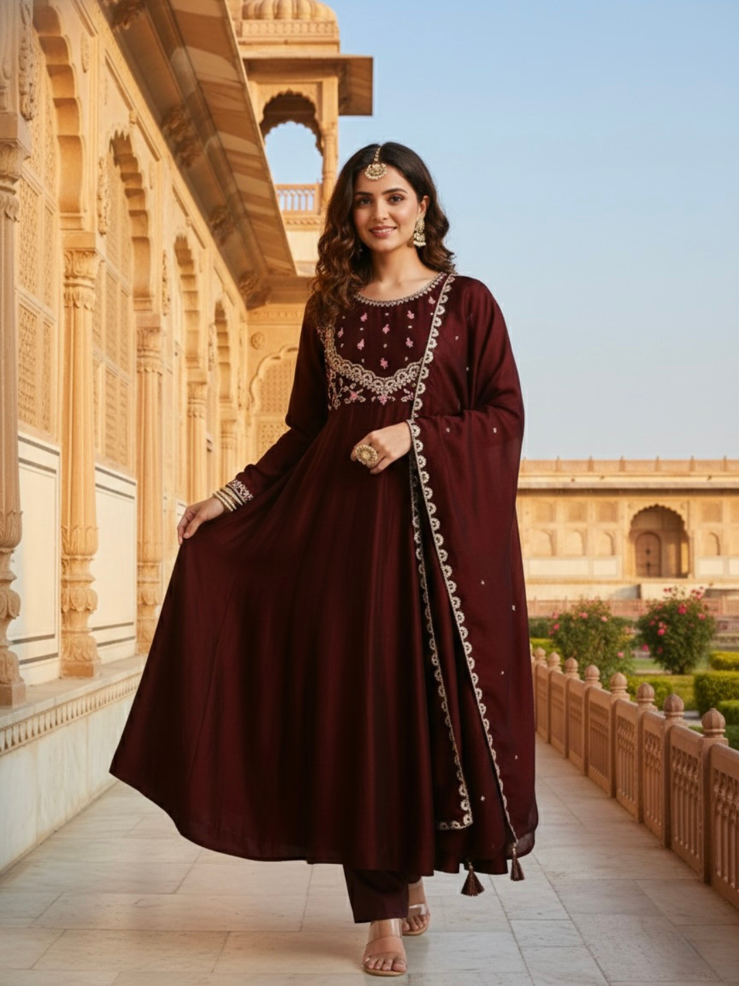 Coffee Embroidered Silk Anarkali Kurta With Dupatta Set
